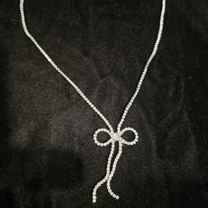 Elegant Silver Rhinestone Bow Necklace and Stud Earrings